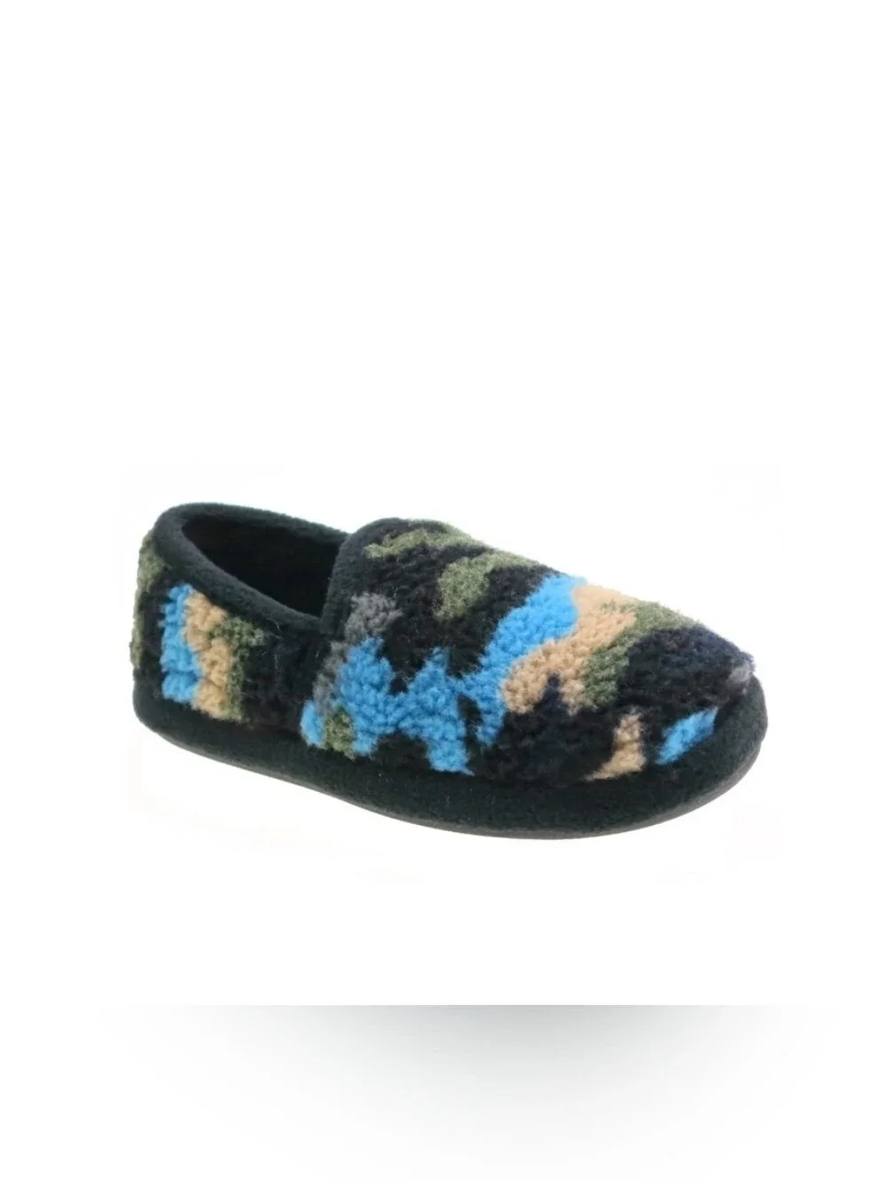 Kids' Cozy Camo Fleece Slip-On Slippers - Blue & Green.  T16